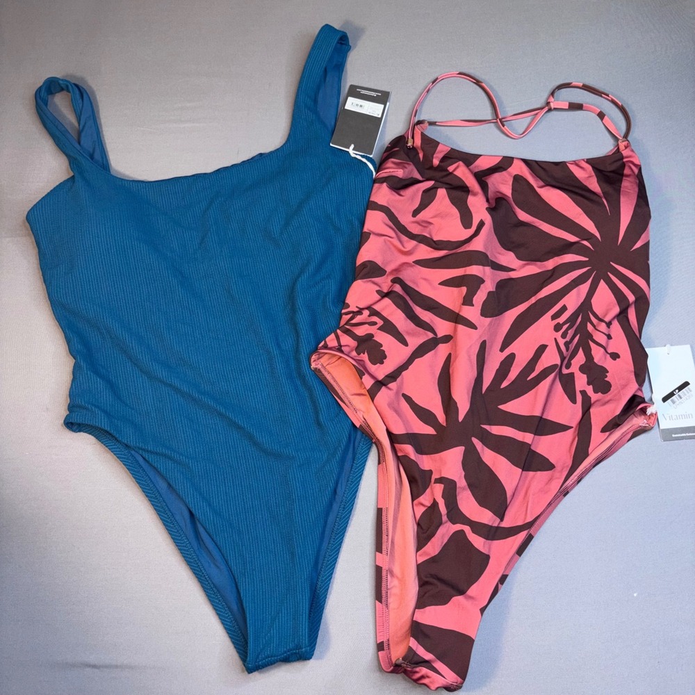 NWT Lot of 2 Vitamin A Swimsuits XXL Blue Ribbed Pink Tropical Summer Vacation